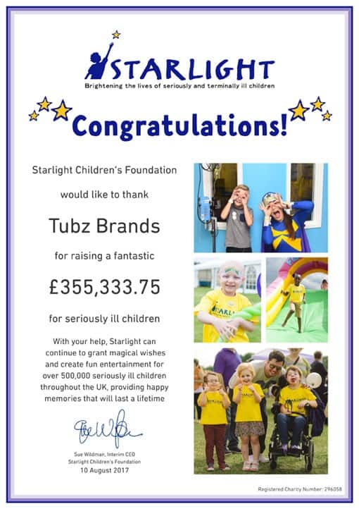 Tubz Brands Continue Their Support for ‘Starlight Children’s Foundation