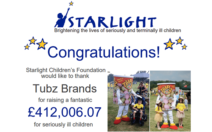 Tubz Brands Vending Make Generous Donation to Starlight