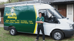 Bf Fe A Bccee C Eb Man in front of Jim's Mowing van